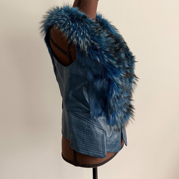 NWOT Blue Leather Vest Real Fox Fur M size - Picture 11 of 15